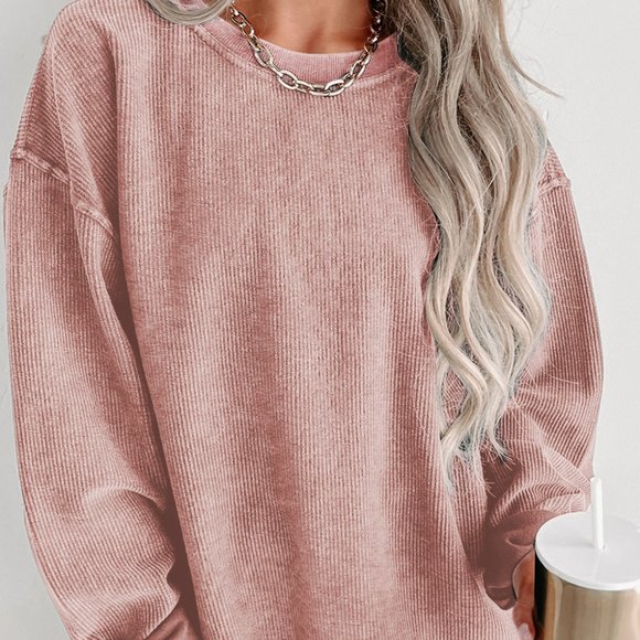 Cali Chic Women Sweatshirt Pink Solid Ribbed Knit Round Neck Pullover - Picture 4 of 10
